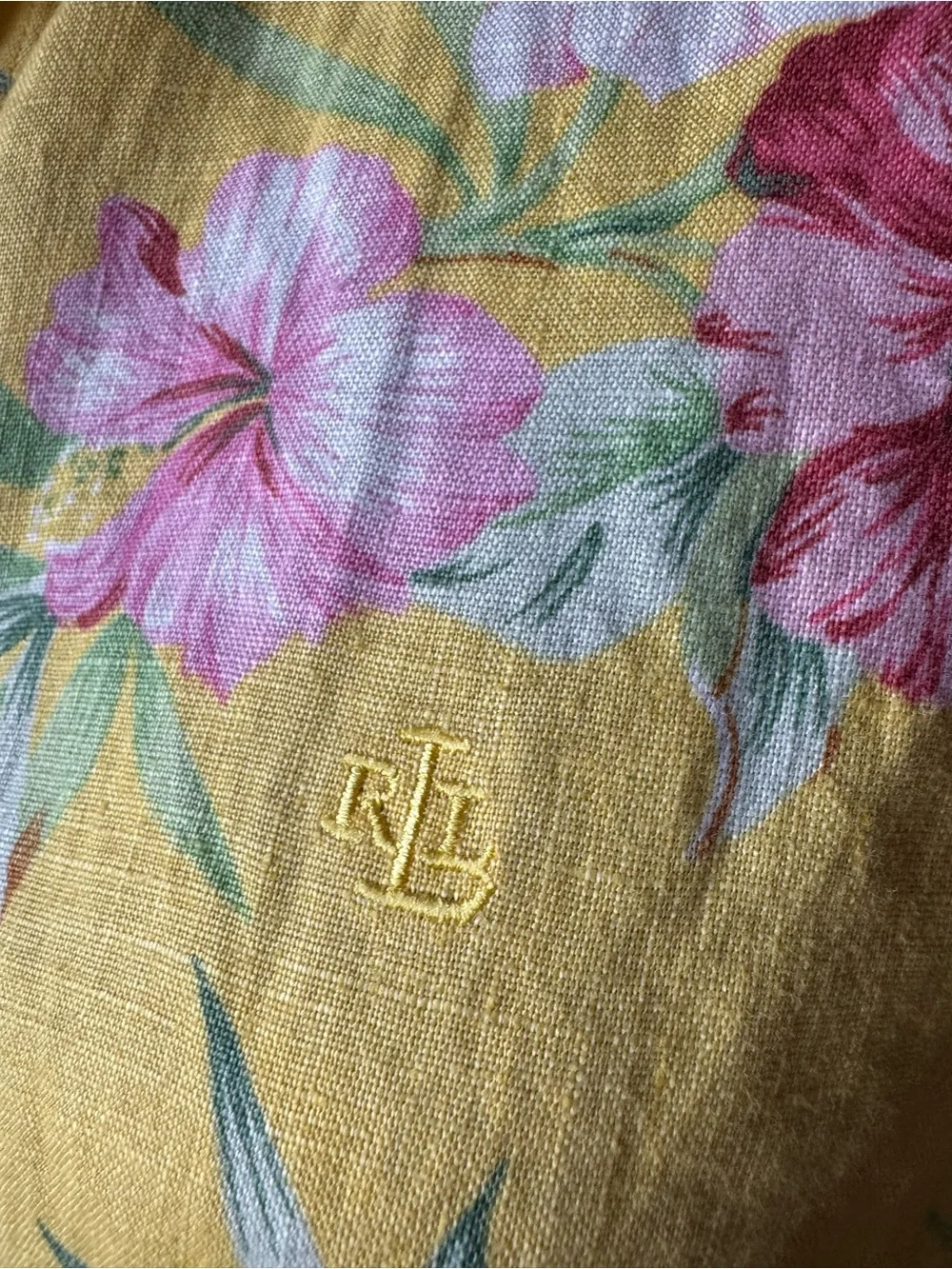 Lauren Ralph Lauren 100% Linen Yellow Hibiscus Floral Sleeveless Button Shirt M
